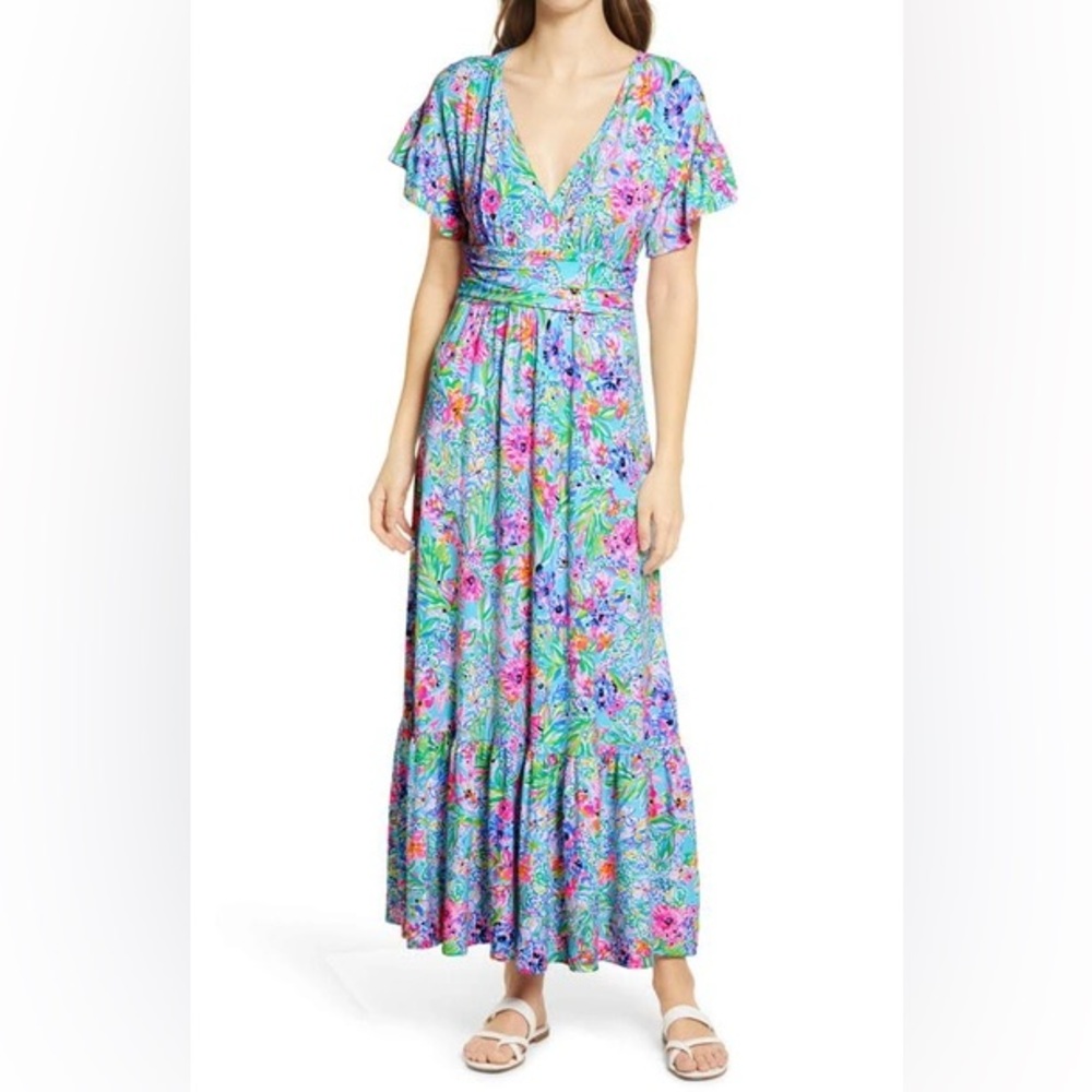 Lilly Pulitzer Jesse Flutter Maxi Dress Amalfi Blue Alligator Aisle | size XXS
